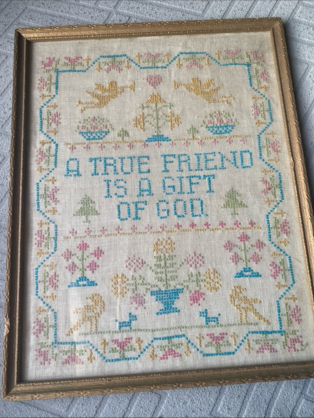 Embroidered Sampler Wall Art "A True Friend Is A Gift Of God" - Blue & Gold